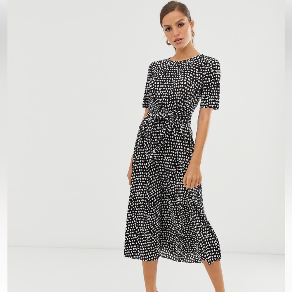 ASOS Black and White midi tie waist plisse dress